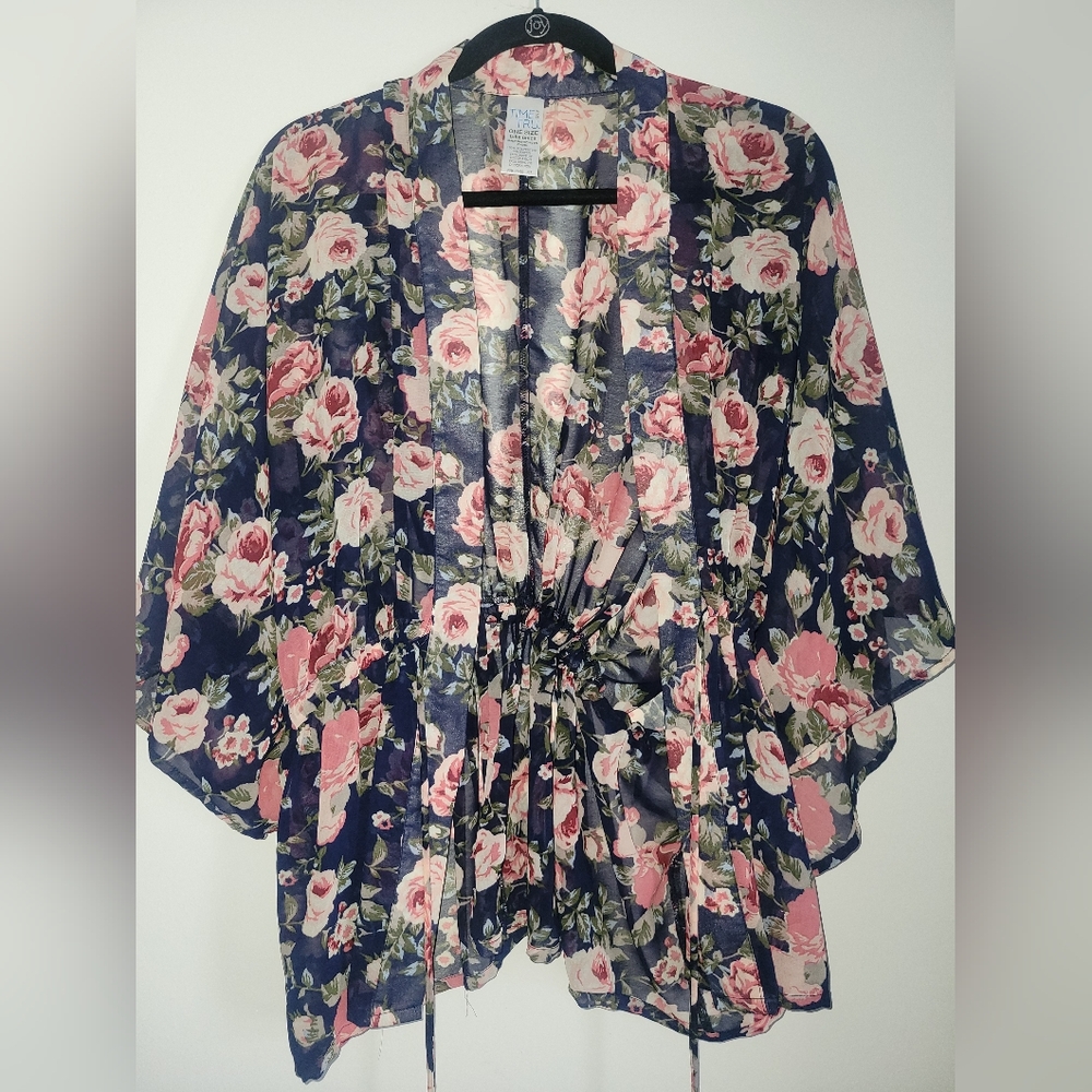 Time and Tru Floral Kimono Shrug - Navy and Pink